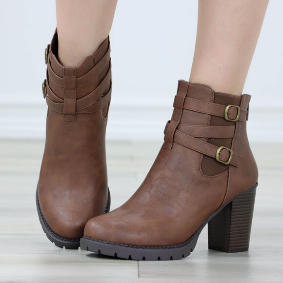 Brown Ankle Boots Chunky Lug Block Heel Synthetic Leather Round Toe - Picture 12 of 13